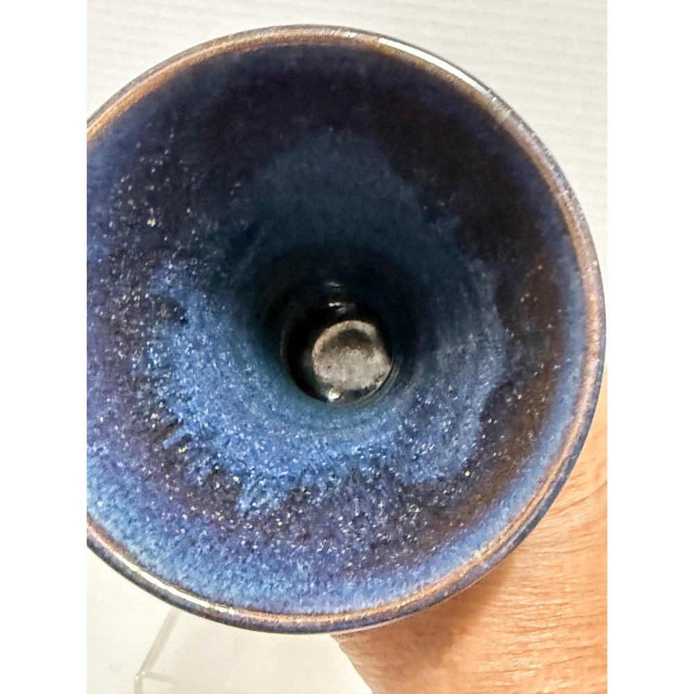 Signed Studio Pottery Flared Trumpet Vase Blue Black Drip Glaze 2006 7.5 Inch - Picture 6 of 9